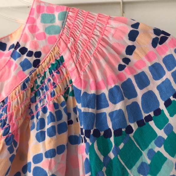 Lilly Pulitzer Elsa Blouse Top Tile Wave Silk Mosaic SZ M Pink Prach Aqua - Picture 4 of 7